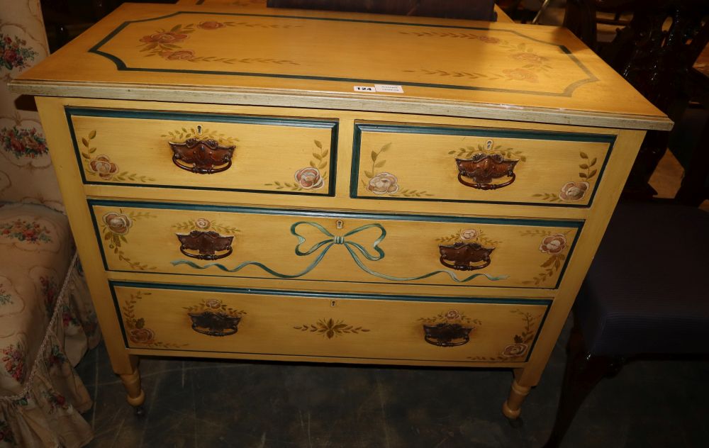 Two Edwardian chest of drawers, later cream painted and floral decorated, larger W.97cm, D.46cm, H.82cm